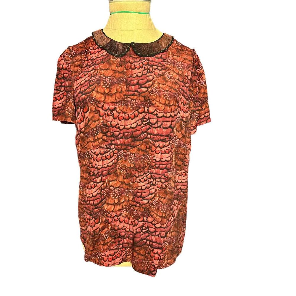 Maison Scotch Brown Print Blouse Peter Pan Collar Embellished Old Money Size 4